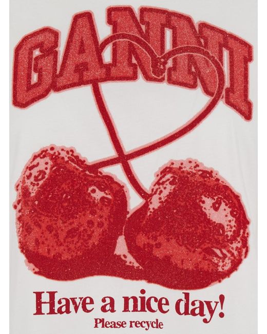 Ganni White Crew Neck T-Shirt With Large Logo Lettering And Cherries O