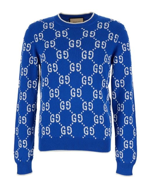 Gucci Blue All-Over Logo Inlay Work Crew Neck Sweater for men