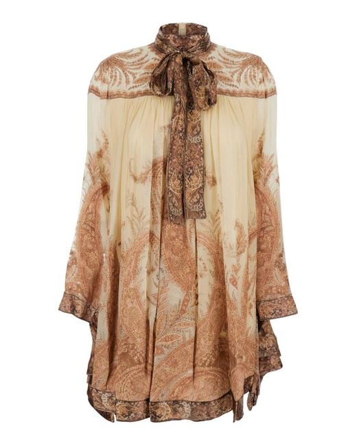 Zimmermann Brown 'Hypnotic' Mini Dress With Pussybow Collar And All-Over Paisley Print