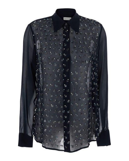 Dries Van Noten Black Shirt With Pointed Collar And All-Over Crystal Application