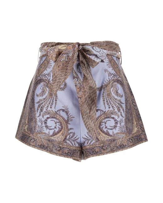 Zimmermann Purple Shorts With Belt And All-Over Paisley Print