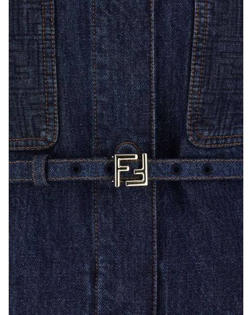 Fendi Blue Jacket With Pointed Collar And Waist Belt With Ff Plaque