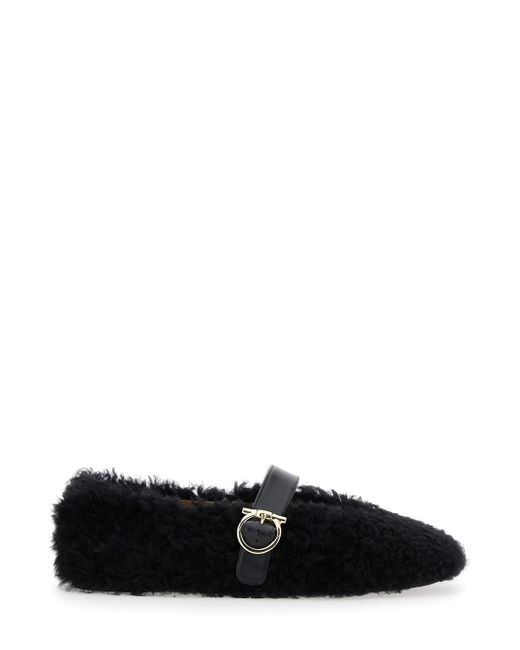 Ferragamo Black Ballerinas With Shearling Design And Buckle