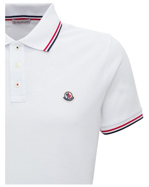 Moncler White Polo Shirt With Classic Collar And Logo Embroidery On The Front for men