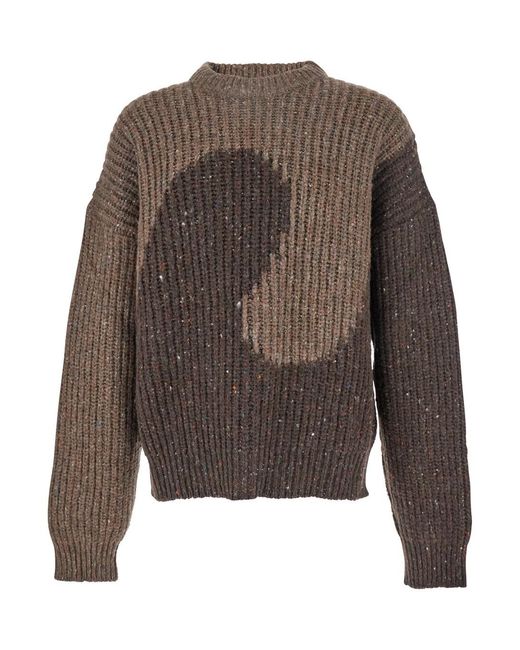 ERL Brown Knit Crewneck Sweater With Bicolor Motif for men
