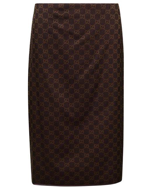 Gucci Brown A-Line Skirt With All-Over Gg Motif