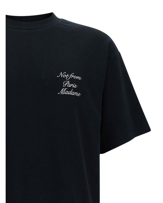 Drole de Monsieur Black Crewneck T-Shirt With Slogan Cursive Embroider for men
