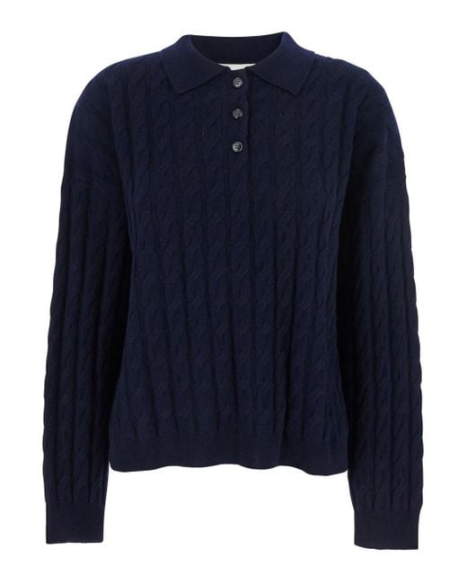 Lisa Yang Blue 'Magnolie' Cable Knit Polo Shirt-Style Sweater With Cla