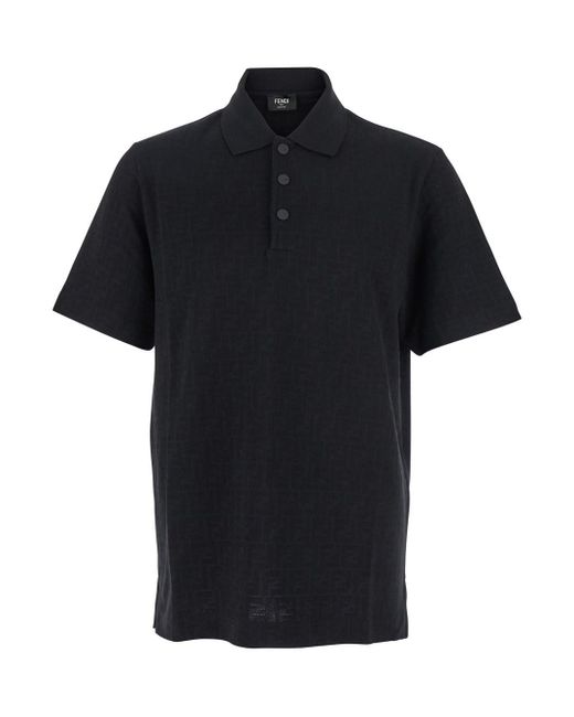 Fendi Black Polo Shirt With All-Over Tone-On-Tone Ff Logo for men