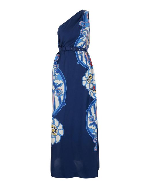 LaDoubleJ Blue 'Roy' Silk Long Dress With Elastic Belt On The Front And All-Over Floral Print