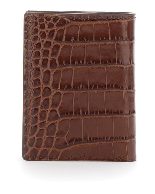 Tom Ford Brown Folded Card Holder With Embossed Crocodile Effect for men