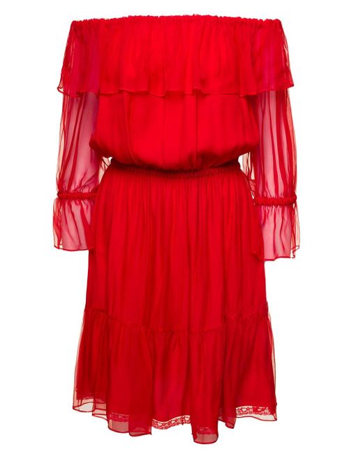 Gucci Red Mini Off-the-shoulders Dress With Ruffles In Silk Chiffon Woman