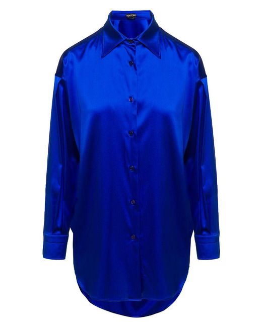 Camicia morbida con colletto a punta in seta stretch di Tom Ford in Blue