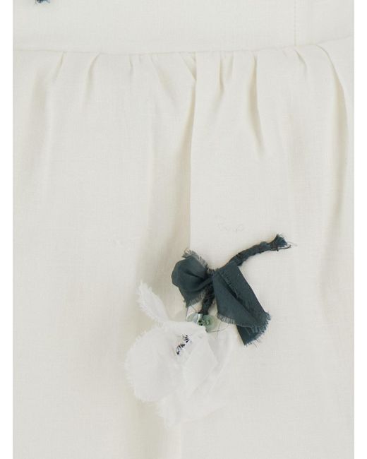ShuShu/Tong White Strapless Linen Dress With Floral Appliqué