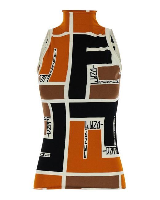 Fendi Multicolor Patterned Top With A Stand-up Collar,