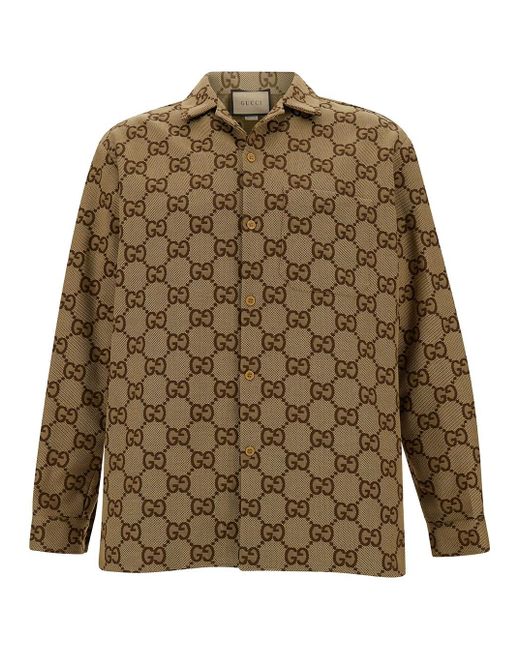 Gucci Green Camel And Brown Long Sleeve Bowling Shirt In Maxi gg Canvas