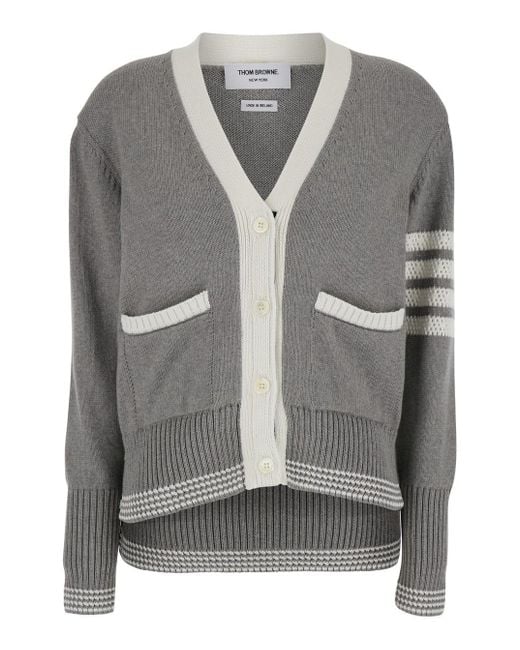 Thom Browne Gray V-Neck Cardigan With 4-Bar Detail