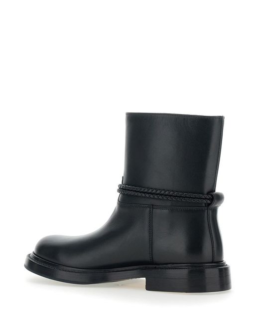 Bottega Veneta Black Ankle Boots With Metallic Detail On The Side And Applied Laces