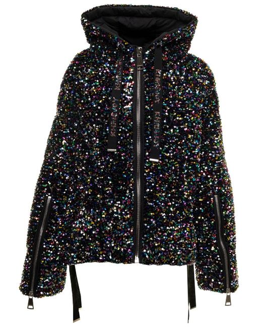 Khrisjoy Black Down Jacket In Goose Down Padding Techfabric With Allover Mutlicolor Sequins X Aureta