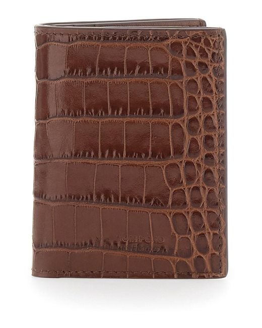 Tom Ford Brown Folded Card Holder With Embossed Crocodile Effect for men
