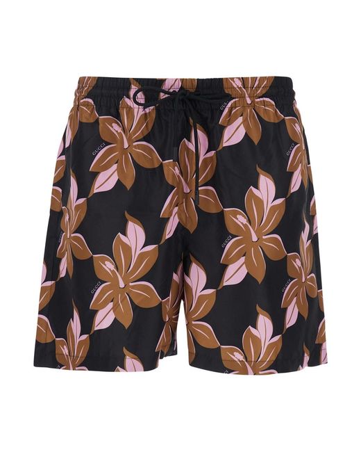 Gucci Multicolor Swimsuit With Drawstring And All-Over Floral Print for men