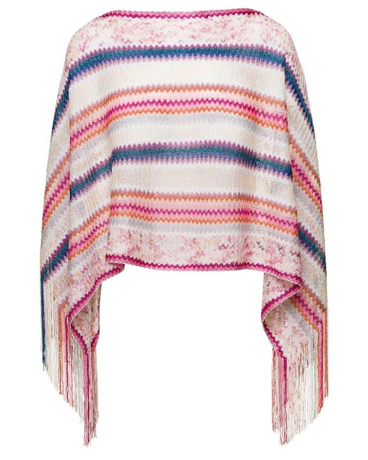 Missoni White Poncho With Striped Motif All-over In Viscose Woman