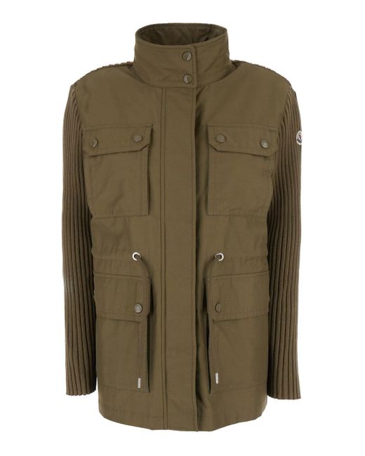 Moncler Green Military High Neck Cardigan With Logo Patch