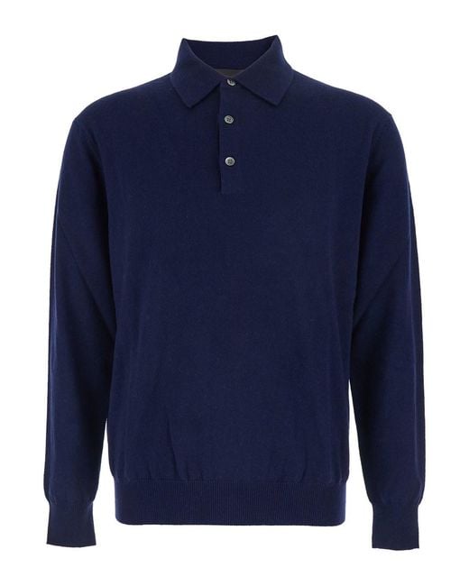 Le Plain Blue Sweater With Polo Shirt Style Collar And Long Sleeves In for men
