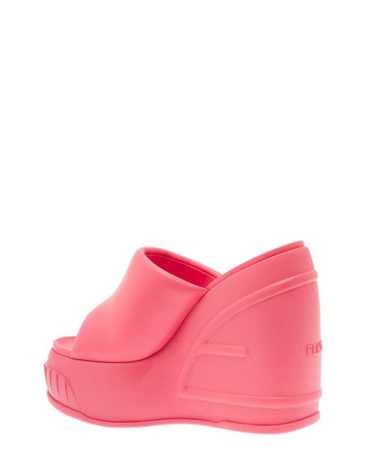 Fendi Pink Platform Slides With Embossed Oversized Ff Pattern In Leather Woman