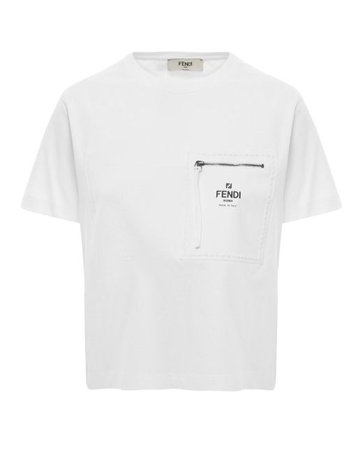 Fendi White Cropped T-shirt With Zippered Pocket And Logo On The Chest In Cotton Woman