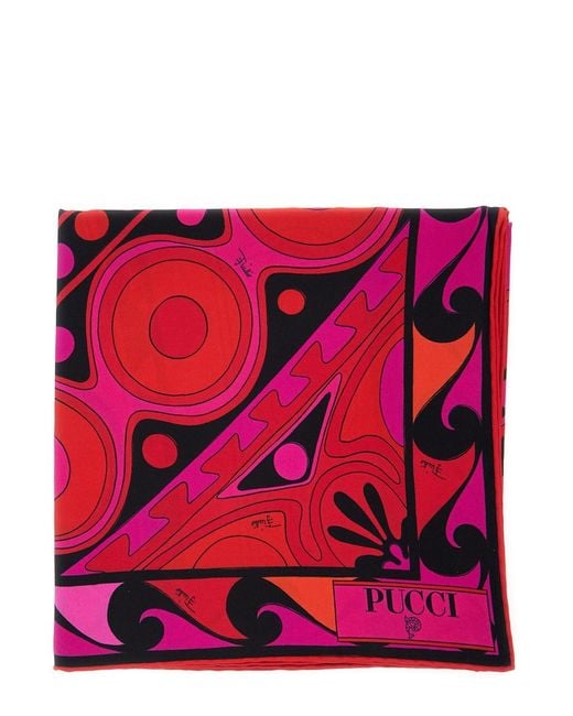 Emilio Pucci Red Fuchsia Square Scarf With All-Over Geometric Print