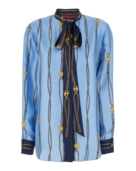 Gucci Blue Shirt Printed Silk