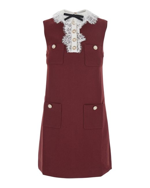 Self-Portrait Purple Bordeaux Dress Mini With Lace Collar And Long Sleeves