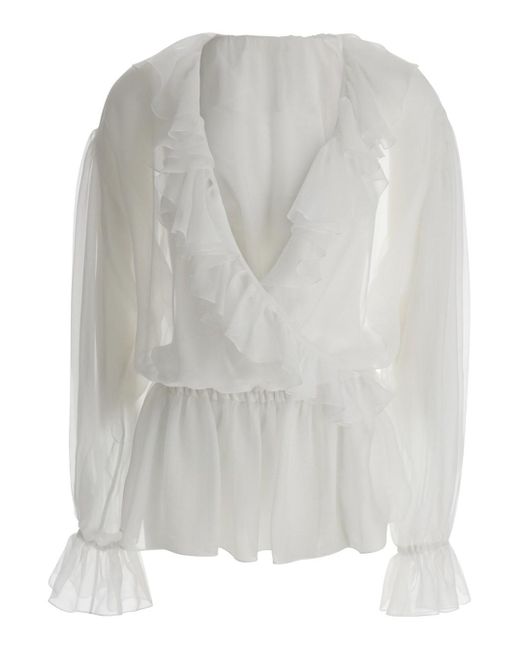 Dolce & Gabbana White Cropped Blouse With Ruffles Trim