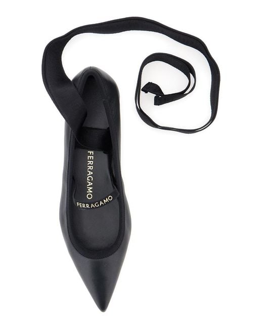 Ferragamo White 'Carice' Ballet Shoes With Ribbon Detail And Logo Lettering On The Front