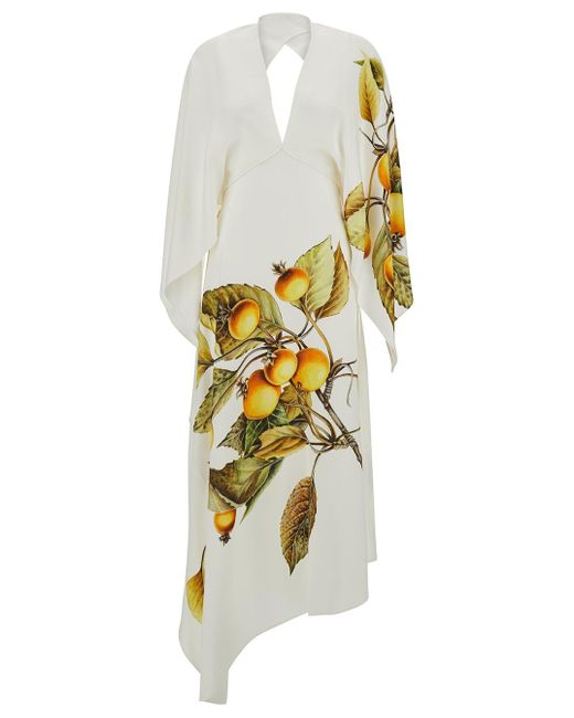 Ferragamo White Asymmetric Dress With Botanical Print