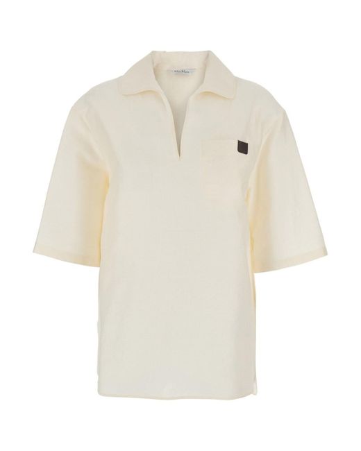 Max Mara White 'Osiride' Shirt With V-Neck And Logo Patch On The Front