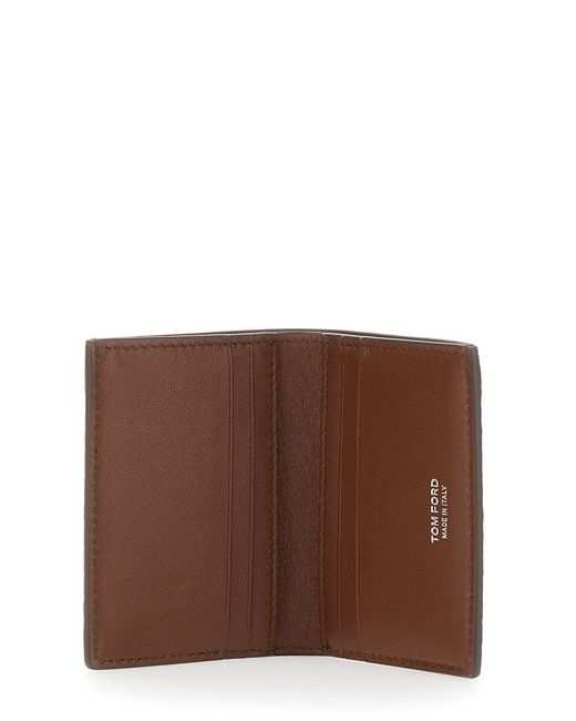 Tom Ford Brown Folded Card Holder With Embossed Crocodile Effect for men