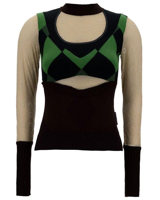 MARINE SERRE Green Sweater With Crescent Moon And Diamond Motif In Cotton