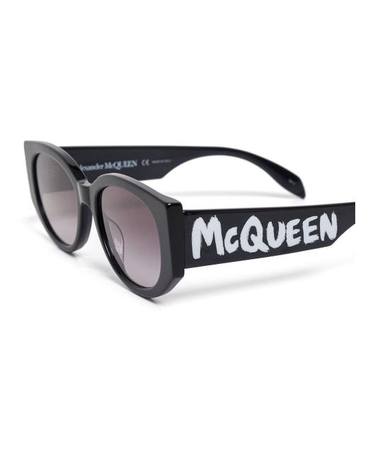 Alexander McQueen Black Oval-Frame Sunglasses With Graffiti Logo Print