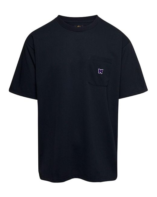 Needles Blue Black Crewneck T-shirt With Logo Patch And Chest Pocket In Jersey Man for men