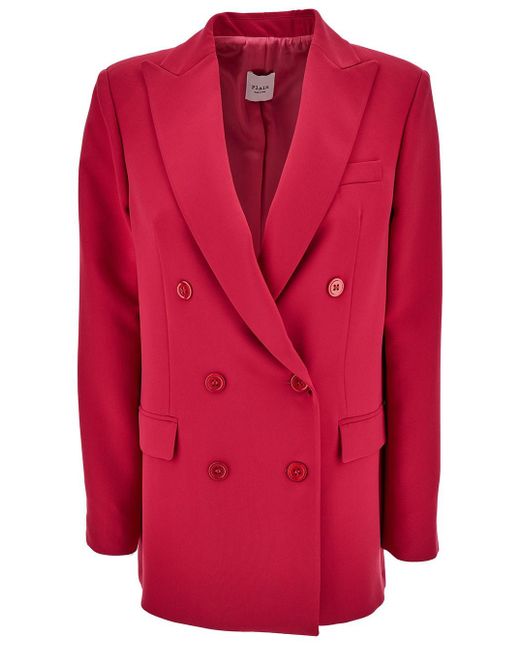 Plain Red Double-breasted Jacket With Peaked Revers And Tonal Buttons In Stretch Fabric