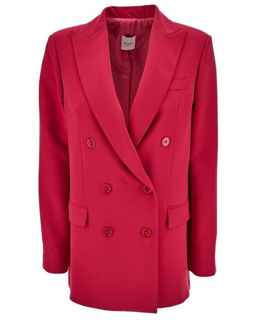 Le Plain Red Double-breasted Jacket With Peaked Revers And Tonal Buttons In Stretch Fabric