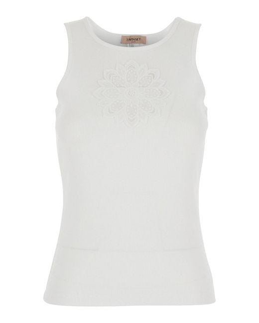 Twinset White Sleeveless Top With Tone-On-Tone Floral Embroidery
