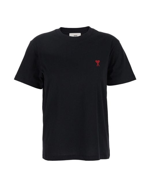 AMI Black T-Shirt With Ami De Coeur Embroidery On The Front for men