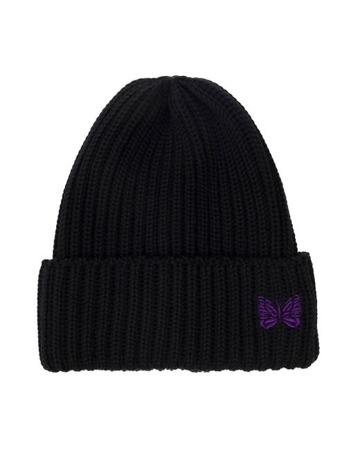 Needles Black Ribbed Beanie With Purple Logo Embroidery In Wool Man for men
