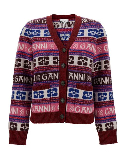 Ganni Red Jacquard Wool Cardigan With Logo Pattern