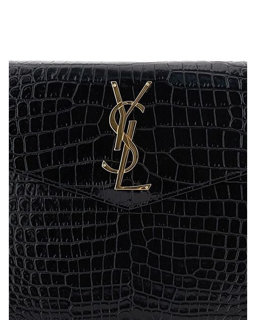 Saint Laurent Black Clutch Bag With Logo Plaque On The Front And All-Over Crocodile Effect