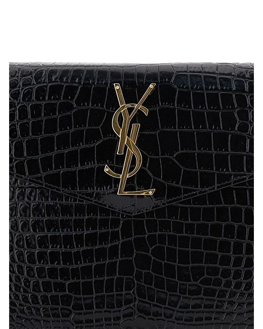 Saint Laurent Black Clutch Bag With Logo Plaque On The Front And All-Over Crocodile Effect