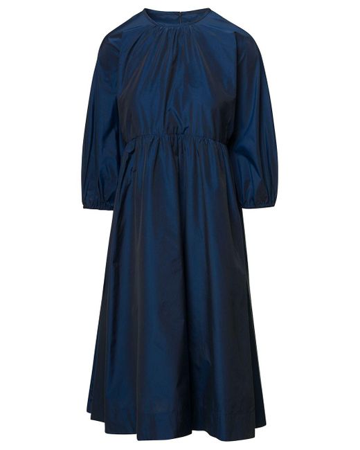 Max Mara Blue 'davina' Midi E Dress With Gathered Waist And Pleated Skirt In Cotton Blend Woman